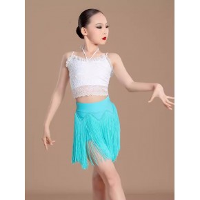 Girls kids white lace with blue fringe latin dance dresses for children salsa rumba chacha ballroom performance outfits 